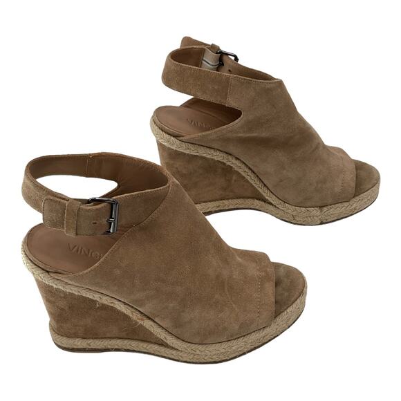 VINCE Evangeline Wedges Open Toe Booties SZ 7.5 Tan Suede Espadrille Sandals - Picture 8 of 8